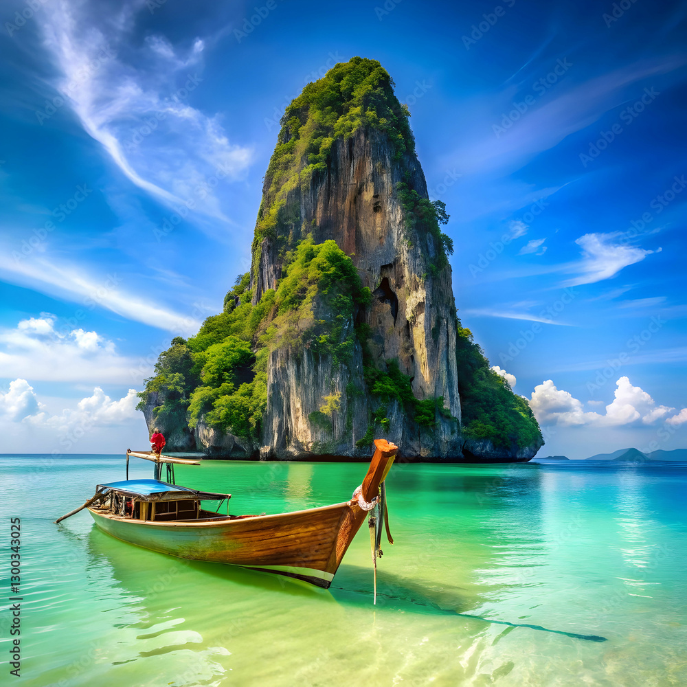 Obraz premium A traditional long-tail boat floating on turquoise, crystal-clear waters, surrounded by a serene tropical seascape.