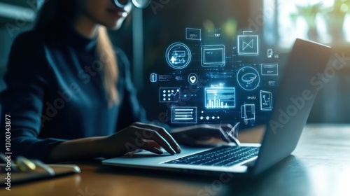 Woman working laptop, digital data, office