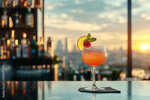 	
Close-up of a fancy cocktail at the rooftop bar with sunset in the background.	