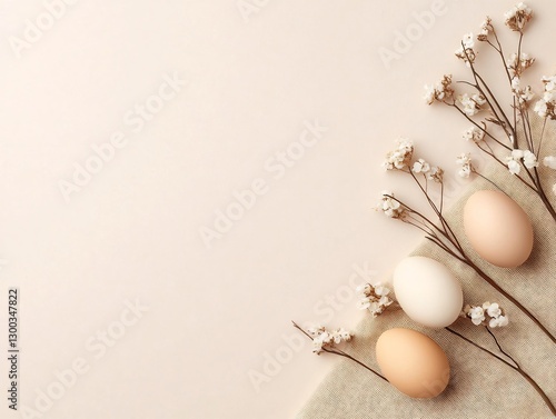 easter flat lay pastel eggs dried flowers linen fabric