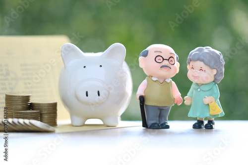 Mutual fund,Love couple senior and piggy bank with stack of coins money on natural green background, Save money for prepare in future and pension retirement concept