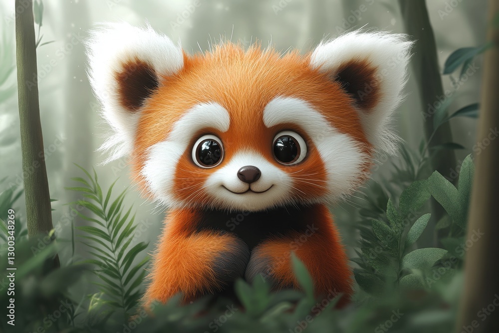 Cute red panda cub exploring a lush green forest in a magical and serene environment during daytime Cute red panda cub exploring a lush green forest in a magical and serene environment during daytime