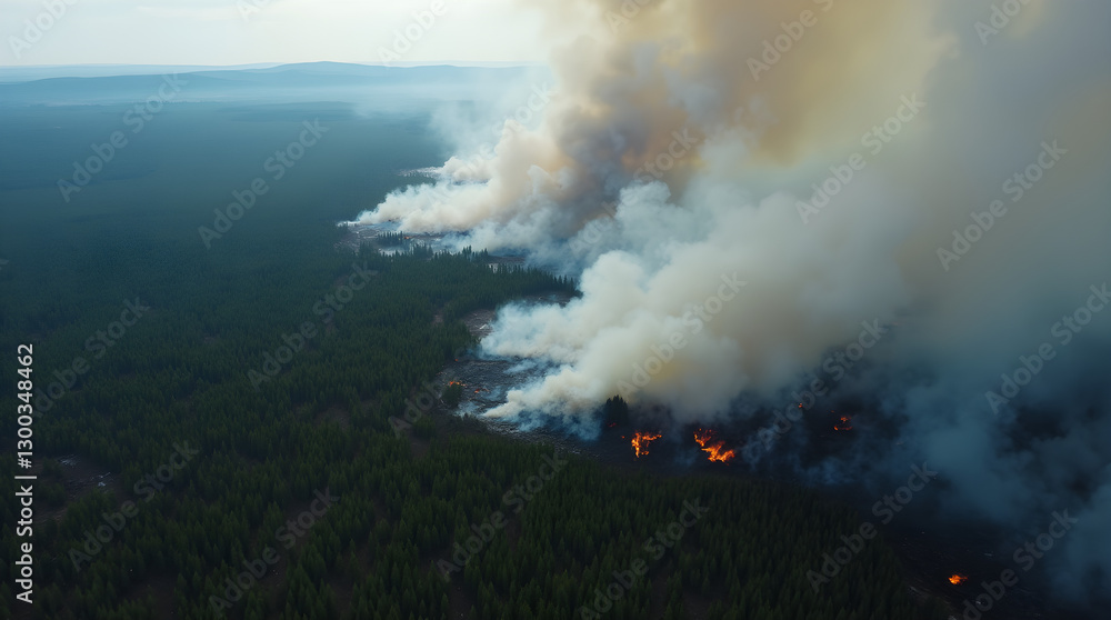 Fototapeta premium Aerial View of Devastating Wildfire Disaster - Intense Forest Fire Engulfs Trees and Landscape with Thick Smoke and Bright Orange Flames in Natural Environment