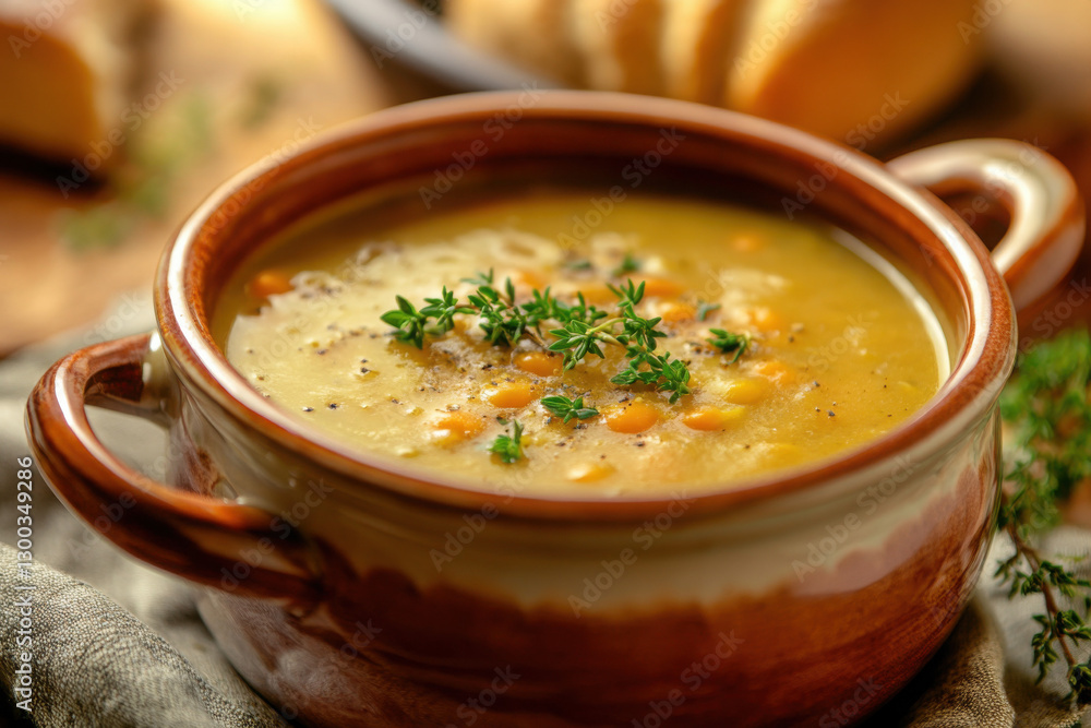 Hearty split pea soup in a porcelain tureen with fresh herbs. Hearty split pea soup in a porcelain tureen with fresh herbs.