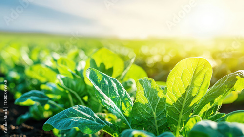 Fresh green leaves of lettuce in sunlit field, showcasing vibrant growth and healthy vegetation