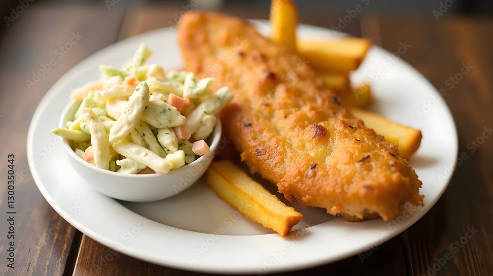 Delicious golden fish and chips with creamy coleslaw Delicious golden fish and chips with creamy coleslaw