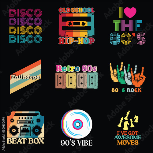 Collection of Bold 80s Vibe Design Sublimation for Vintage Shirt Graphics