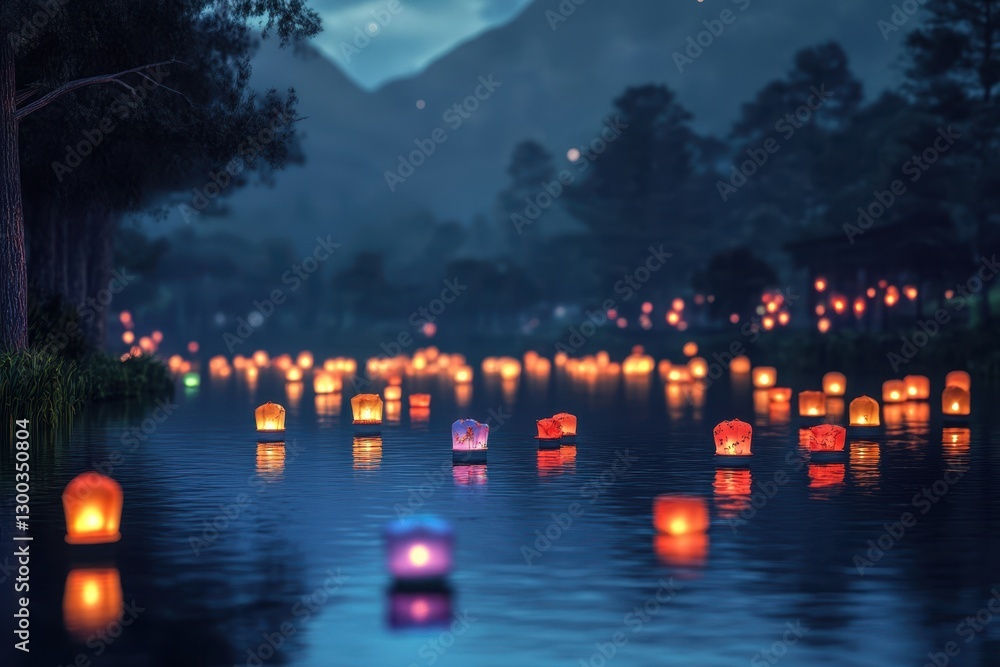 Obraz premium Lanterns illuminate a serene waterway during an evening festival in a tranquil landscape