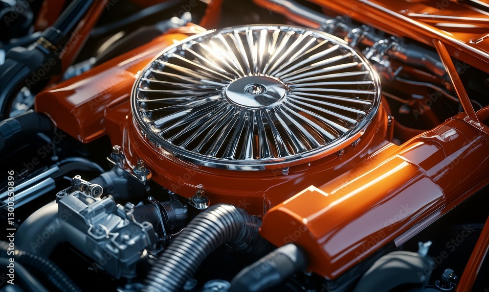 Fototapeta premium Shiny orange engine with polished silver components looking powerful.