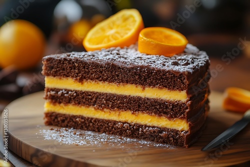 Slice of cake with orange on wood serving board