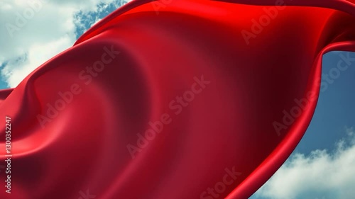 Red Fabric Flowing in Cloudy Sky
