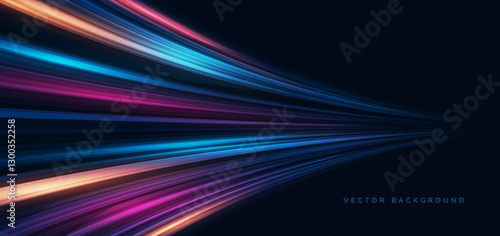 High speed muticolor curved lines on dark blue background. High speed motion moving concept.