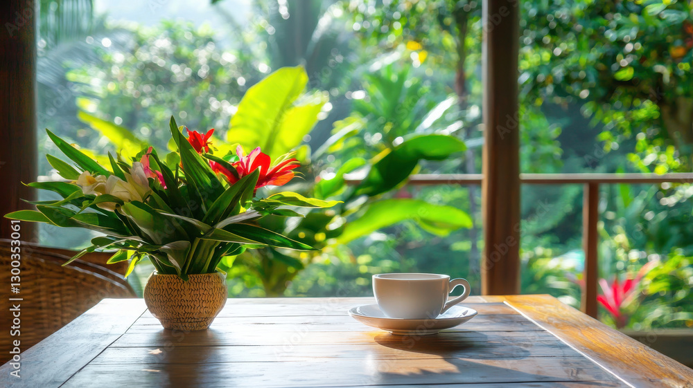 serene setting featuring cup of herbal tea beside vibrant flower arrangement, surrounded by lush greenery serene setting featuring cup of herbal tea beside vibrant flower arrangement, surrounded by lush greenery
