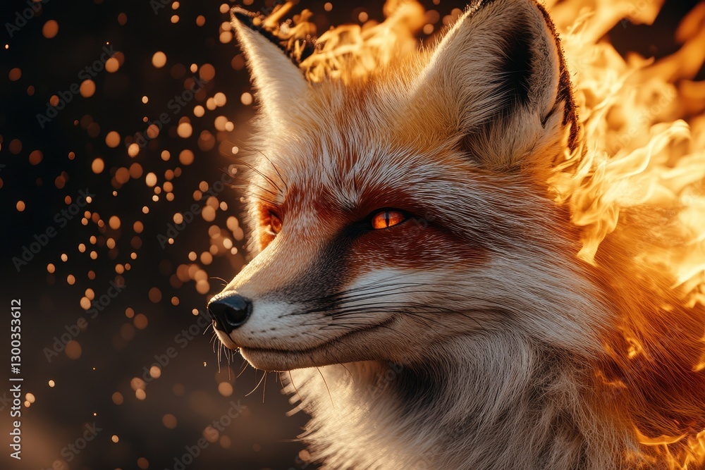 Naklejka premium Fox surrounded by flames with glowing eyes in a dramatic nighttime setting