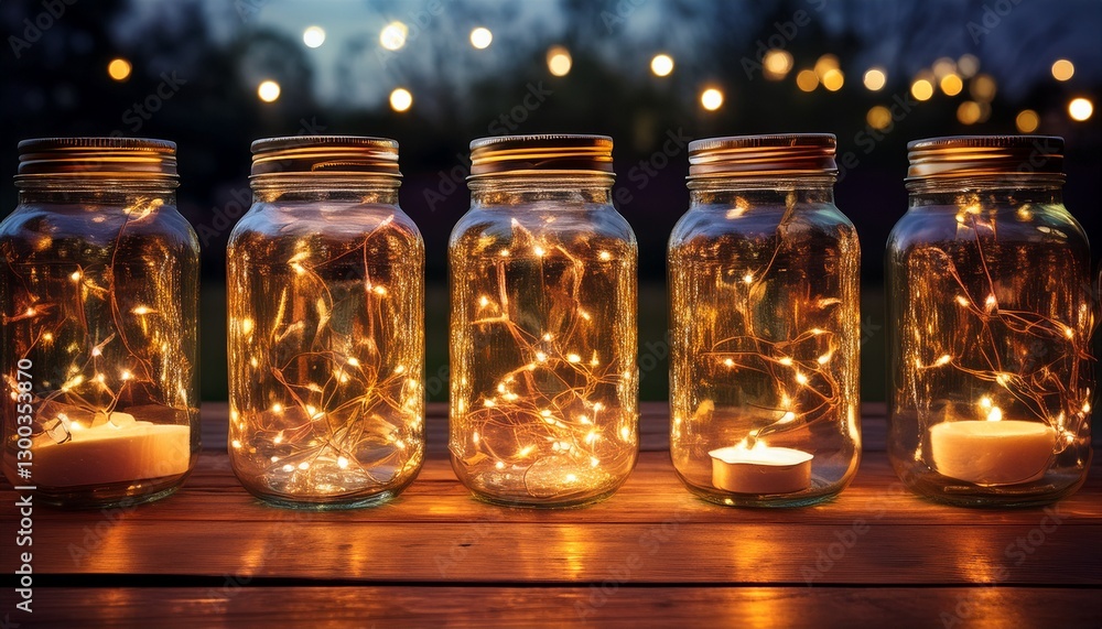 Fairy lights in mason jars: A collection of mason jars filled with glowing fairy lights, sitting on a rustic wooden table. Fairy lights in mason jars: A collection of mason jars filled with glowing fairy lights, sitting on a rustic wooden table.