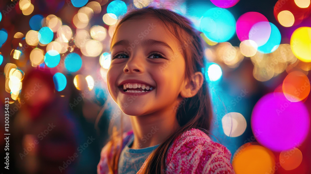 Happy girl smiling with colorful lights at carnival, joy and excitement fill air Happy girl smiling with colorful lights at carnival, joy and excitement fill air