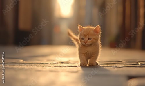 Fototapeta Naklejka Na Ścianę i Meble -  Adorable Ginger Kitten on Sunlit Cobblestone Street