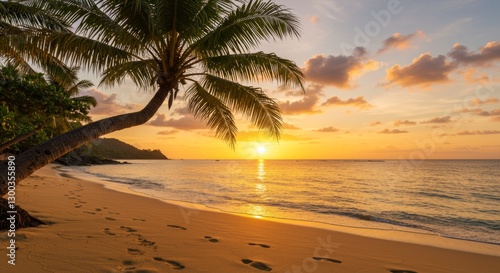 Tranquil Tropical Beach Sunset with Leaning Palm Tree and Footprints in the Sand
