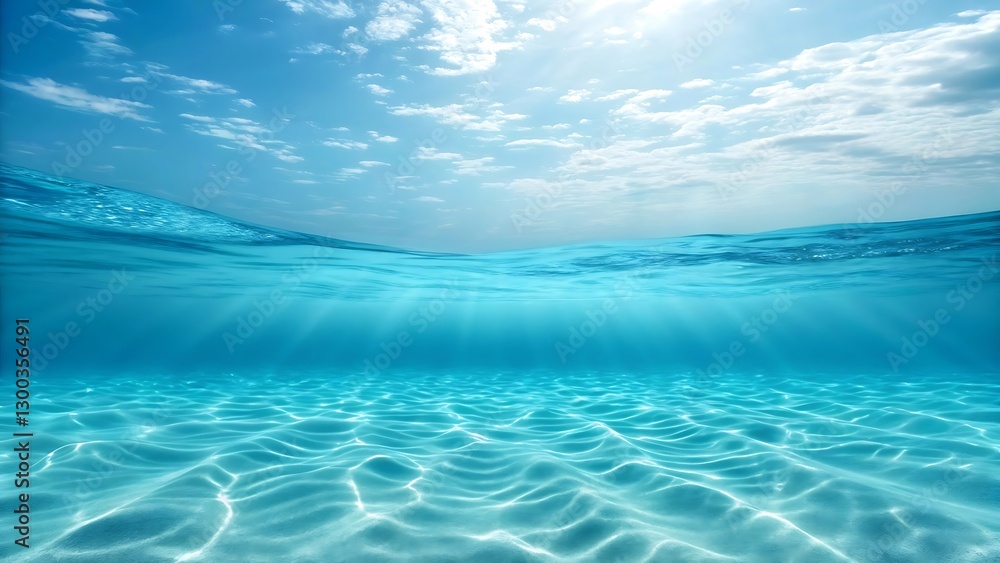 Underwater scene with sunlit ocean floor and sky