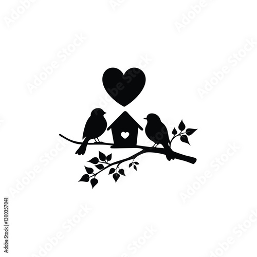 two birds on a branch with love icon.Valentines Day icon set vector illustration.