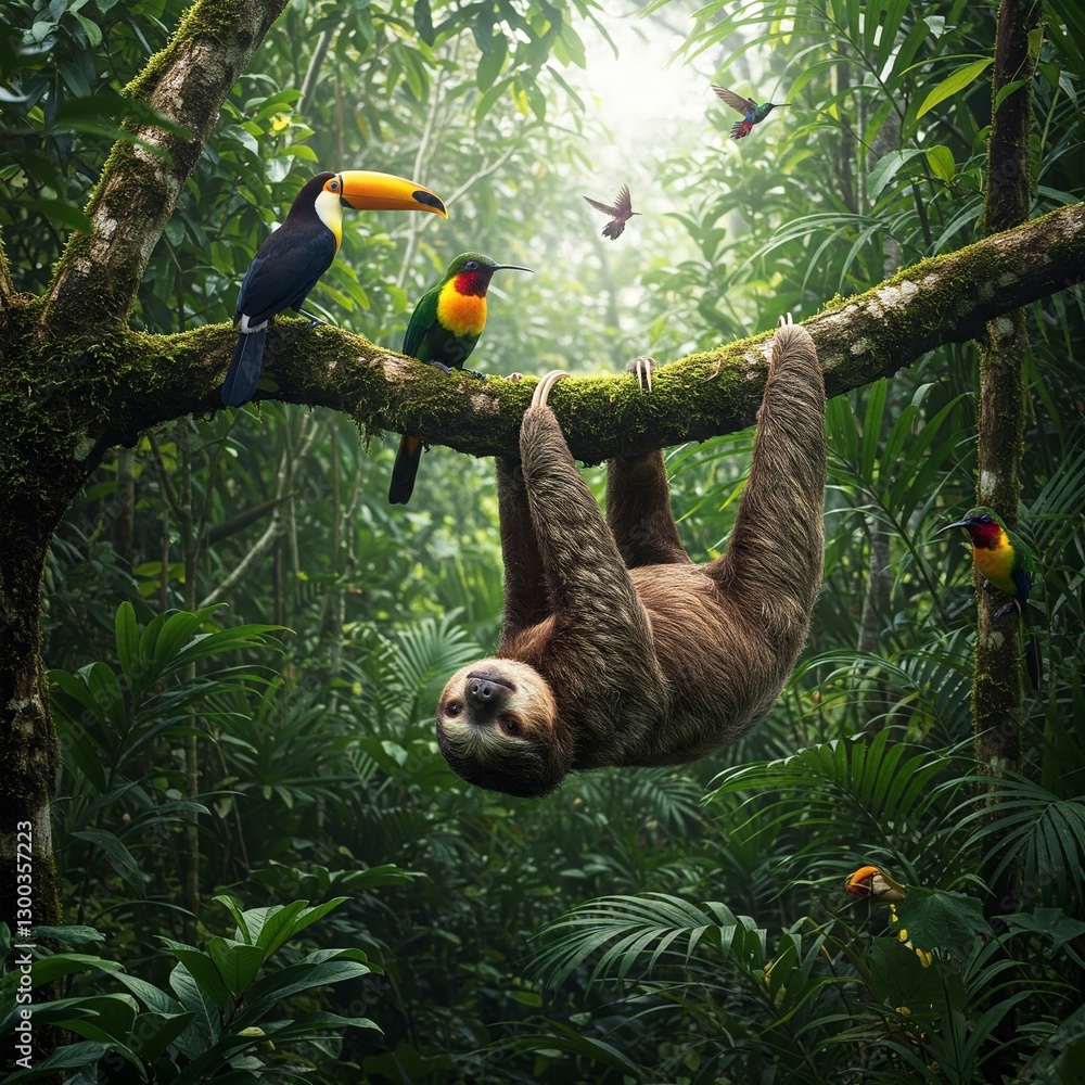 Fototapeta premium A lazy sloth hanging from a tree branch, while tropical birds rest beside it in the warm jungle air