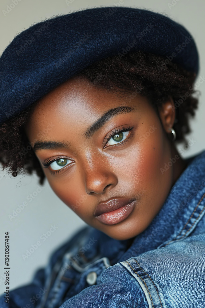 Close-up portrait of a young black woman with fair skin, sharp facial features, and intense green eyes. Close-up portrait of a young black woman with fair skin, sharp facial features, and intense green eyes.