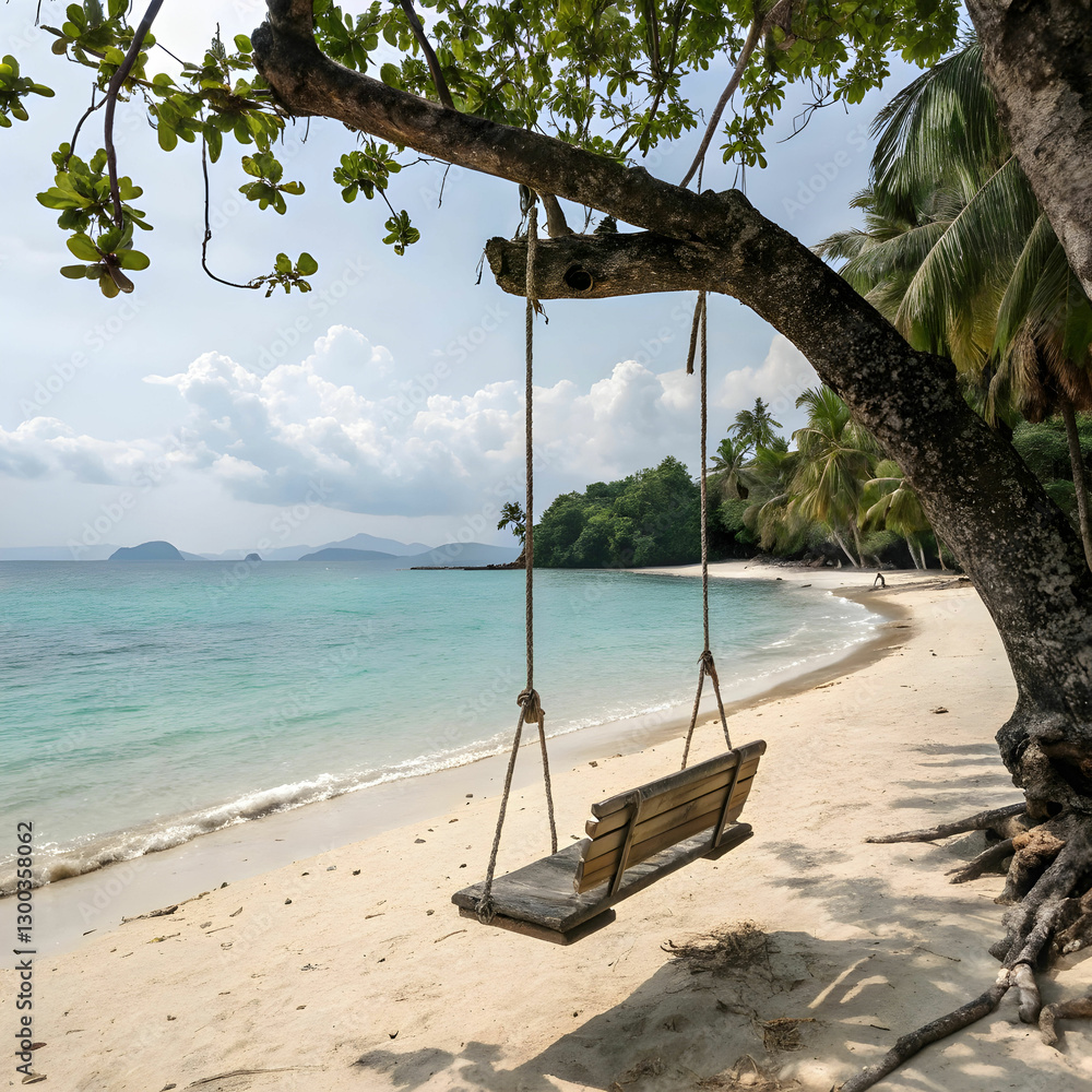 A wooden swing hangs under a tree on the beach at Koh Phak, swaying gently with the ocean breeze, offering a peaceful retreat by the sea. A wooden swing hangs under a tree on the beach at Koh Phak, swaying gently with the ocean breeze, offering a peaceful retreat by the sea.