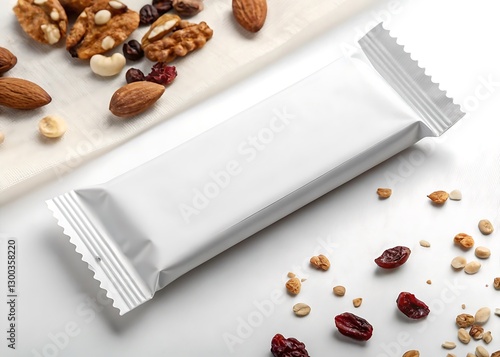 Mockup of a blank granola bar package with nuts and dried fruits.