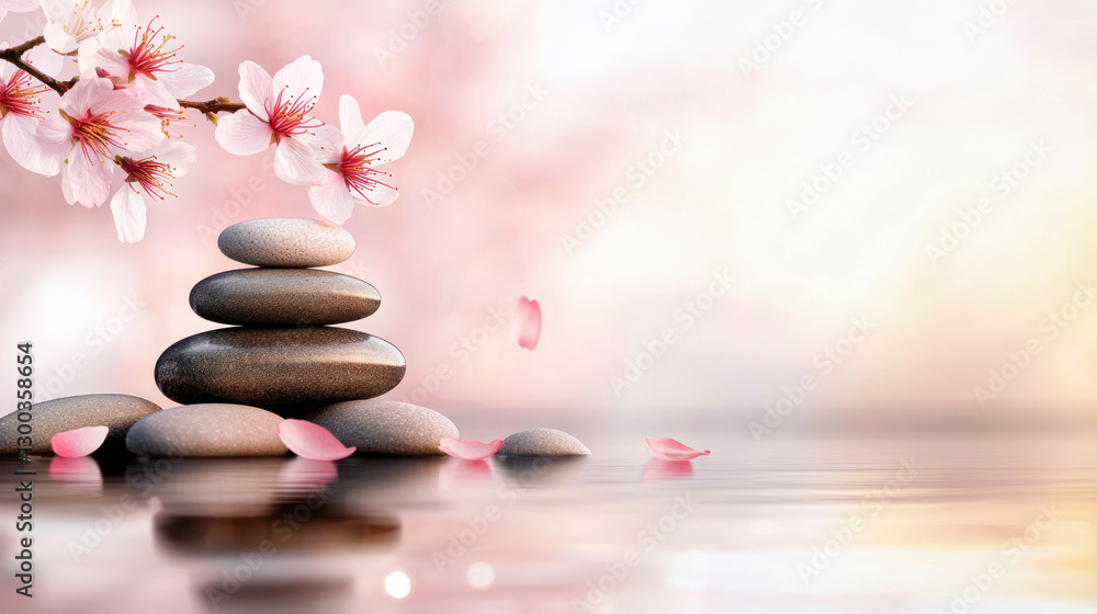 Stacked zen stones with soft reflections in water, surrounded by delicate cherry blossoms and falling petals against a pastel background, symbolizing balance, harmony, and relaxation. Stacked zen stones with soft reflections in water, surrounded by delicate cherry blossoms and falling petals against a pastel background, symbolizing balance, harmony, and relaxation.