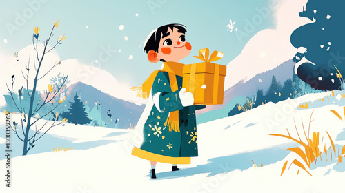 Wallpaper Mural Winter Wonderland: A Girl with a Gift in a Snowy Landscape Torontodigital.ca