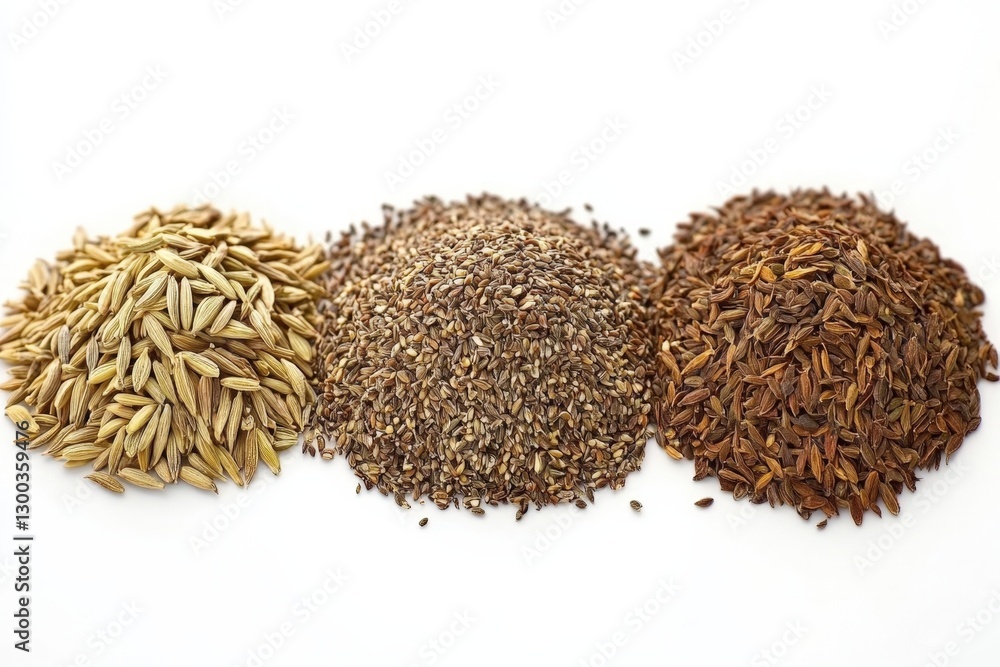 Three spice piles; cumin, coriander, oats; white background; food photography Three spice piles; cumin, coriander, oats; white background; food photography