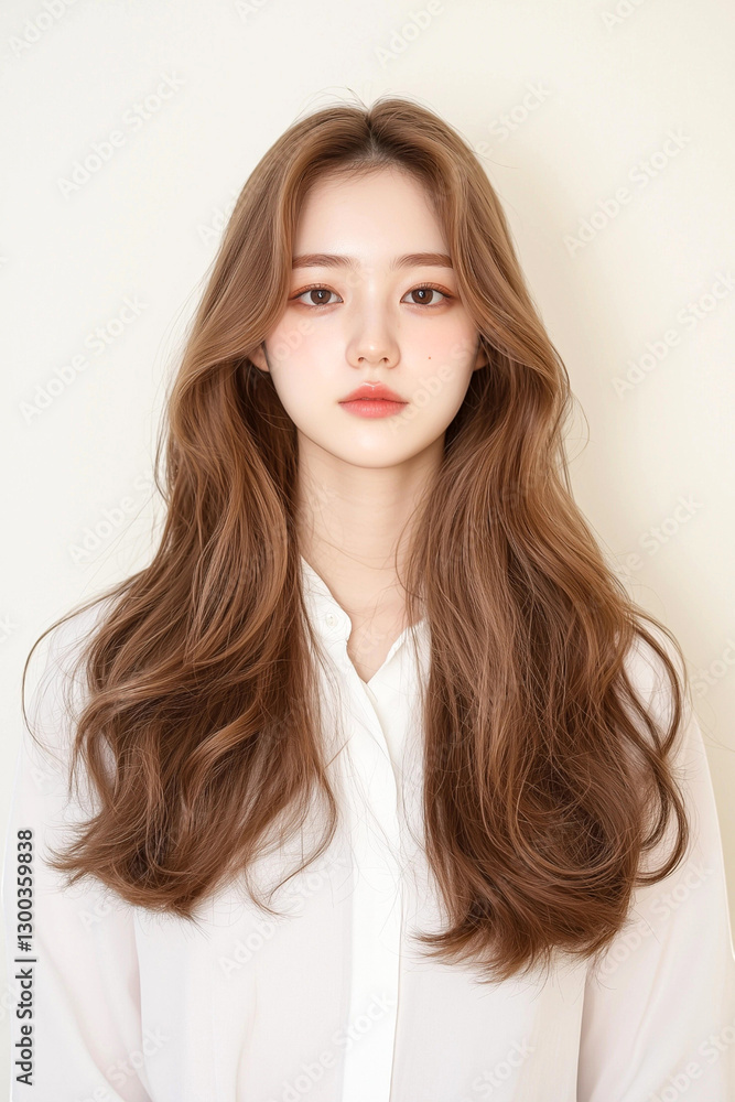 Young Woman with Long Wavy Brown Hair Wearing a White T-Shirt Young Woman with Long Wavy Brown Hair Wearing a White T-Shirt