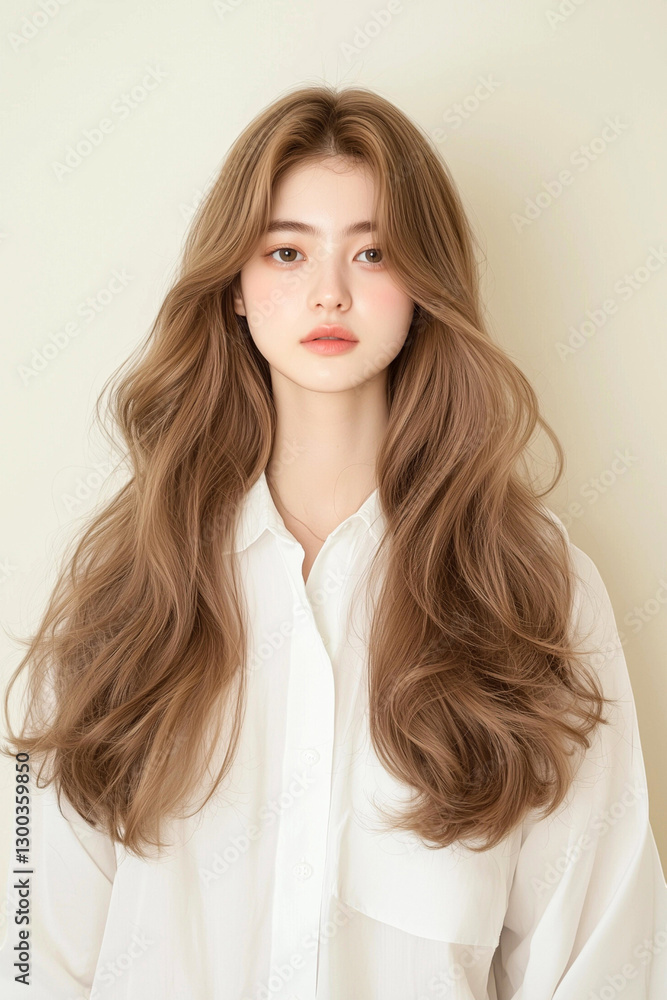 Young Woman with Long Wavy Brown Hair Wearing a White T-Shirt Young Woman with Long Wavy Brown Hair Wearing a White T-Shirt