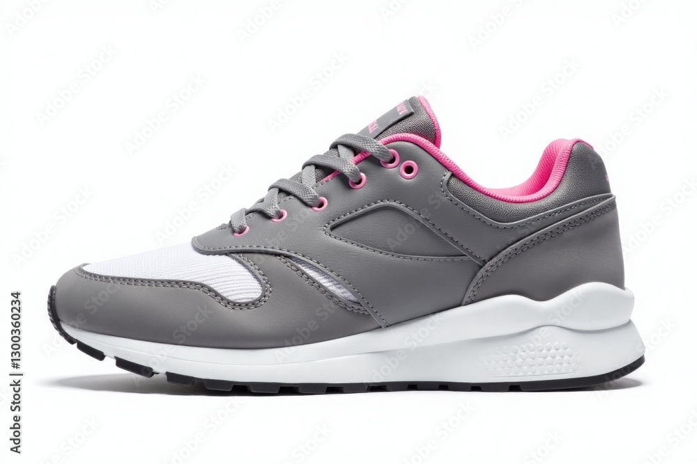A sleek gray athletic shoe isolated on a clean white background, showcasing its modern design and versatility for sports or casual wear. A sleek gray athletic shoe isolated on a clean white background, showcasing its modern design and versatility for sports or casual wear.
