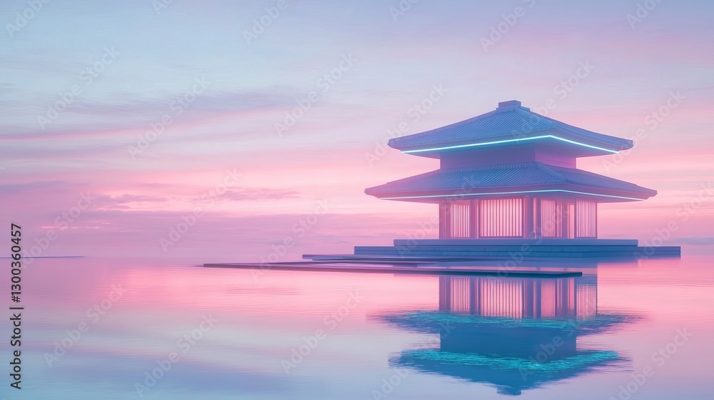 Pastel Pavilion: Serene pavilion on tranquil water reflecting pastel sunset sky.