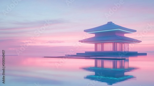 Obraz na płótnie Pastel Pavilion: Serene pavilion on tranquil water reflecting pastel sunset sky. w salonie