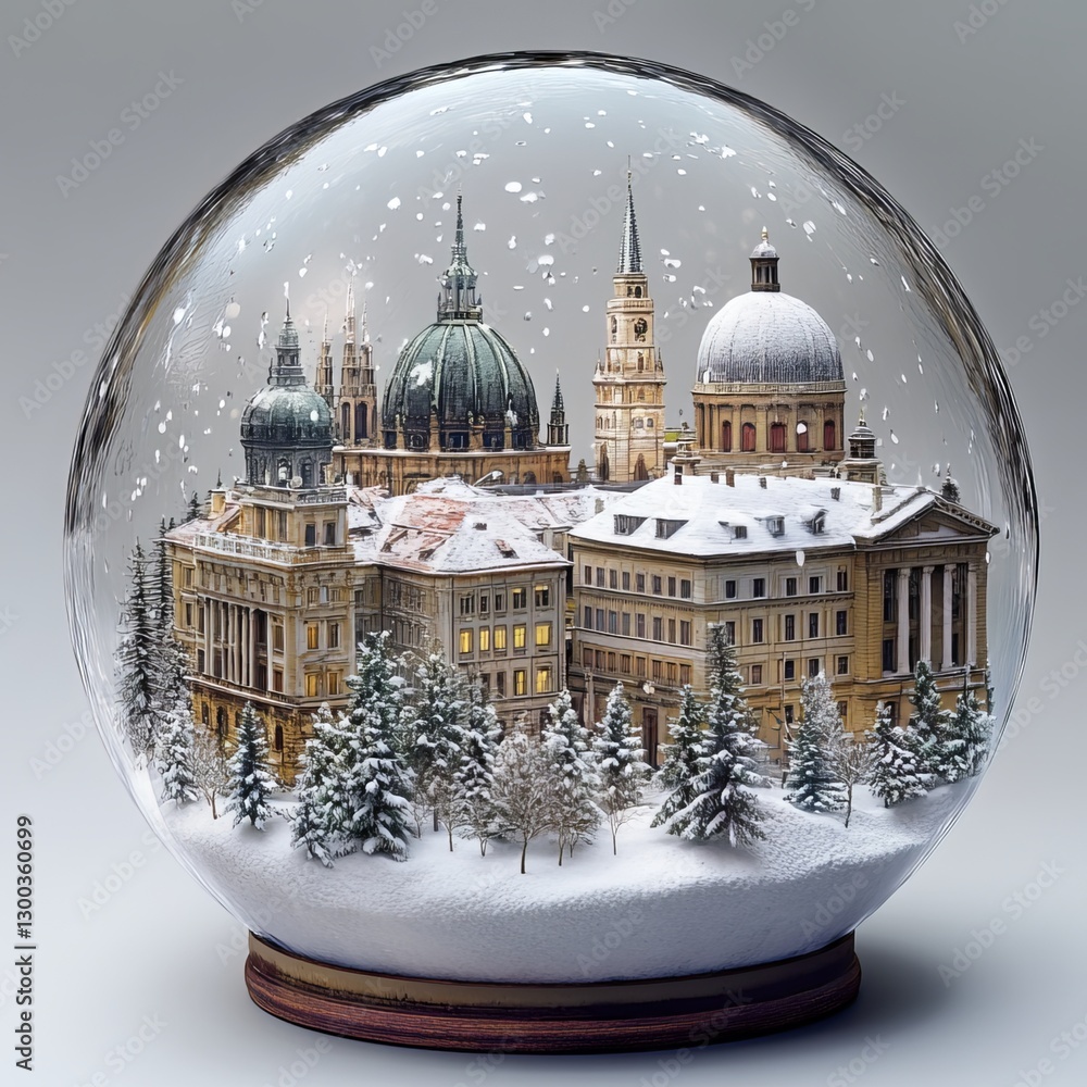 Enchanted Snow Globe: A picturesque winter scene captured within a delicate glass sphere, showcasing a detailed cityscape with snow-covered architecture and lush greenery.