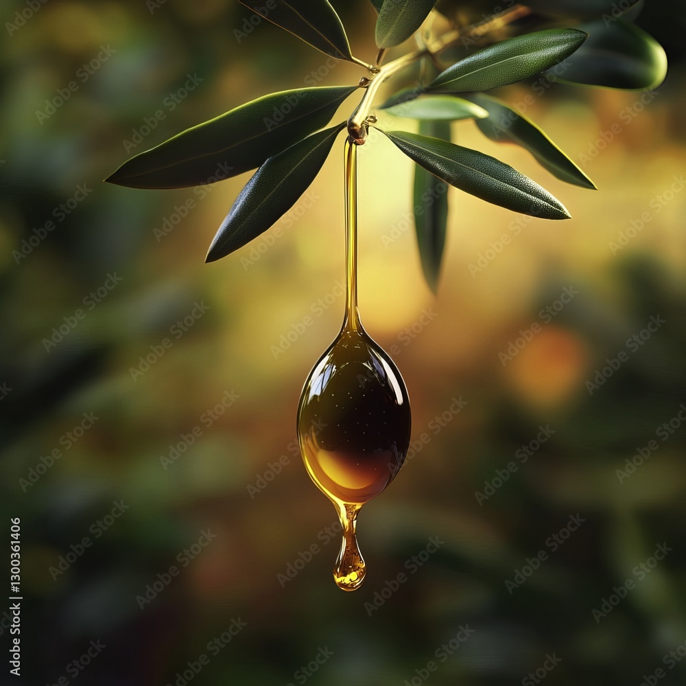 Golden Olive Oil: A captivating shot showcasing the essence of olive oil, with a single droplet suspended delicately from a branch, against a soft, blurred background.