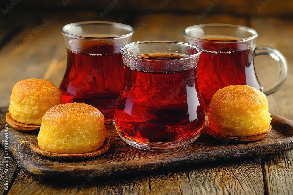 Three glasses of steaming tea accompanied by golden pastries on a rustic wooden tray Three glasses of steaming tea accompanied by golden pastries on a rustic wooden tray