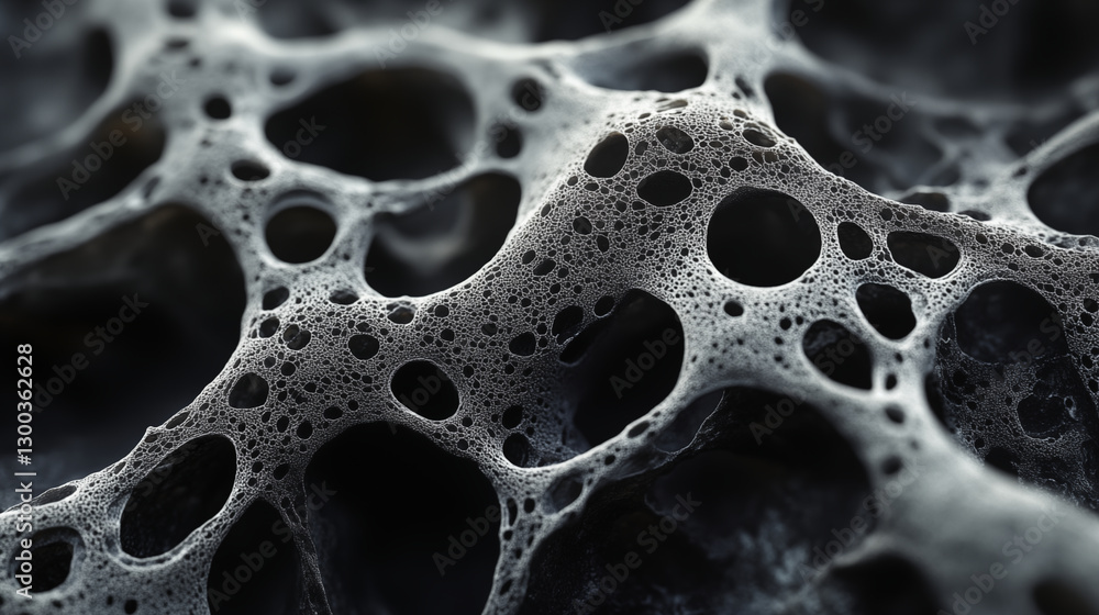 Macro view of white foam cellular structure with various sized bubbles and holes. Concept of abstract texture, molecular structure, and scientific microscopy Macro view of white foam cellular structure with various sized bubbles and holes. Concept of abstract texture, molecular structure, and scientific microscopy