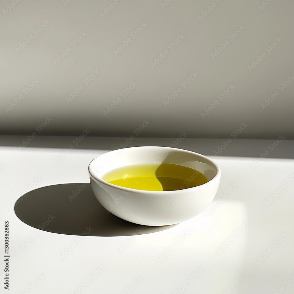 Golden Olive Oil in Bowl: A small, pristine white bowl filled with vibrant golden olive oil sits on a bright surface, bathed in sunlight. The oil's richness and clarity are highlighted by the light.