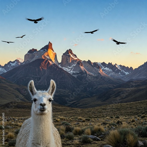 A gentle llama standing in the Andes mountains, while condors soar in the blue sky