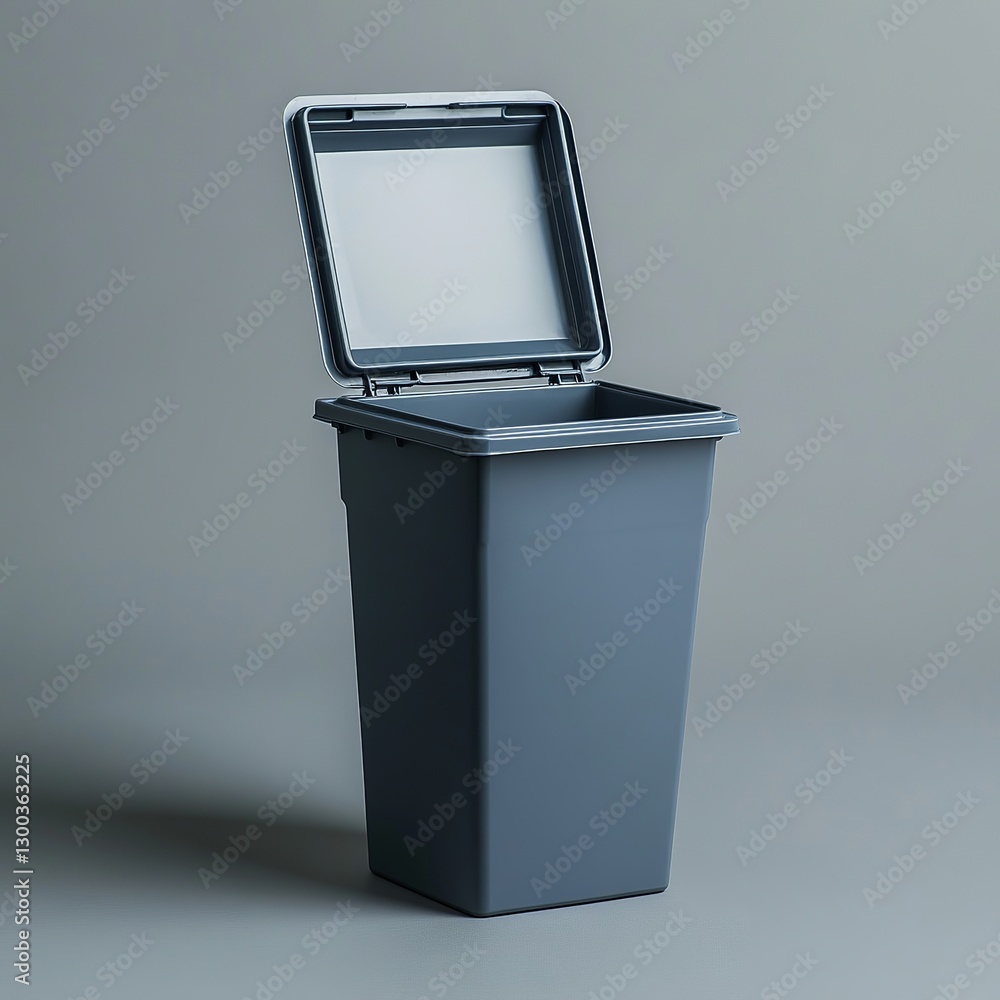 Open Dark Gray Trash Can: A dark gray rectangular trash can with a hinged lid slightly ajar against a neutral gray background.