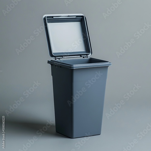 Obraz na płótnie Open Dark Gray Trash Can: A dark gray rectangular trash can with a hinged lid slightly ajar against a neutral gray background. w salonie