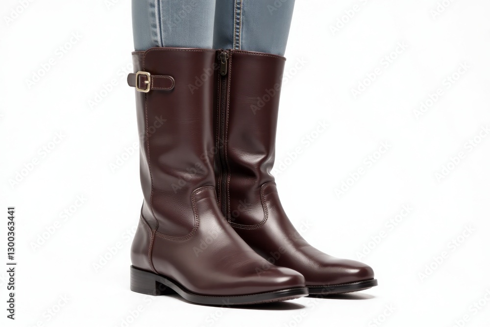 Brown leather riding boots with buckle detail, isolated. Brown leather riding boots with buckle detail, isolated.