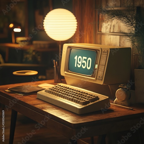 Obraz na płótnie Vintage Computer Era: A glimpse into the past as a retro computer sits on a wooden desk, transporting us to the technology of the 1950s, evoking nostalgia. w salonie