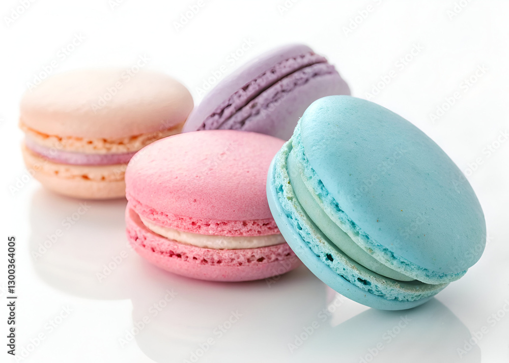 A delicious selection of pastel-colored French macarons, showcasing their light and airy texture on a bright white background. A delicious selection of pastel-colored French macarons, showcasing their light and airy texture on a bright white background.