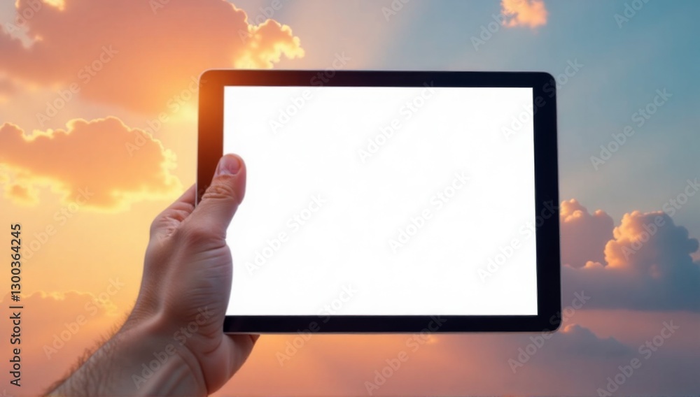 Hands holding tablet with blank white screen against blue sky and clouds. Hands holding tablet with blank white screen against blue sky and clouds.
