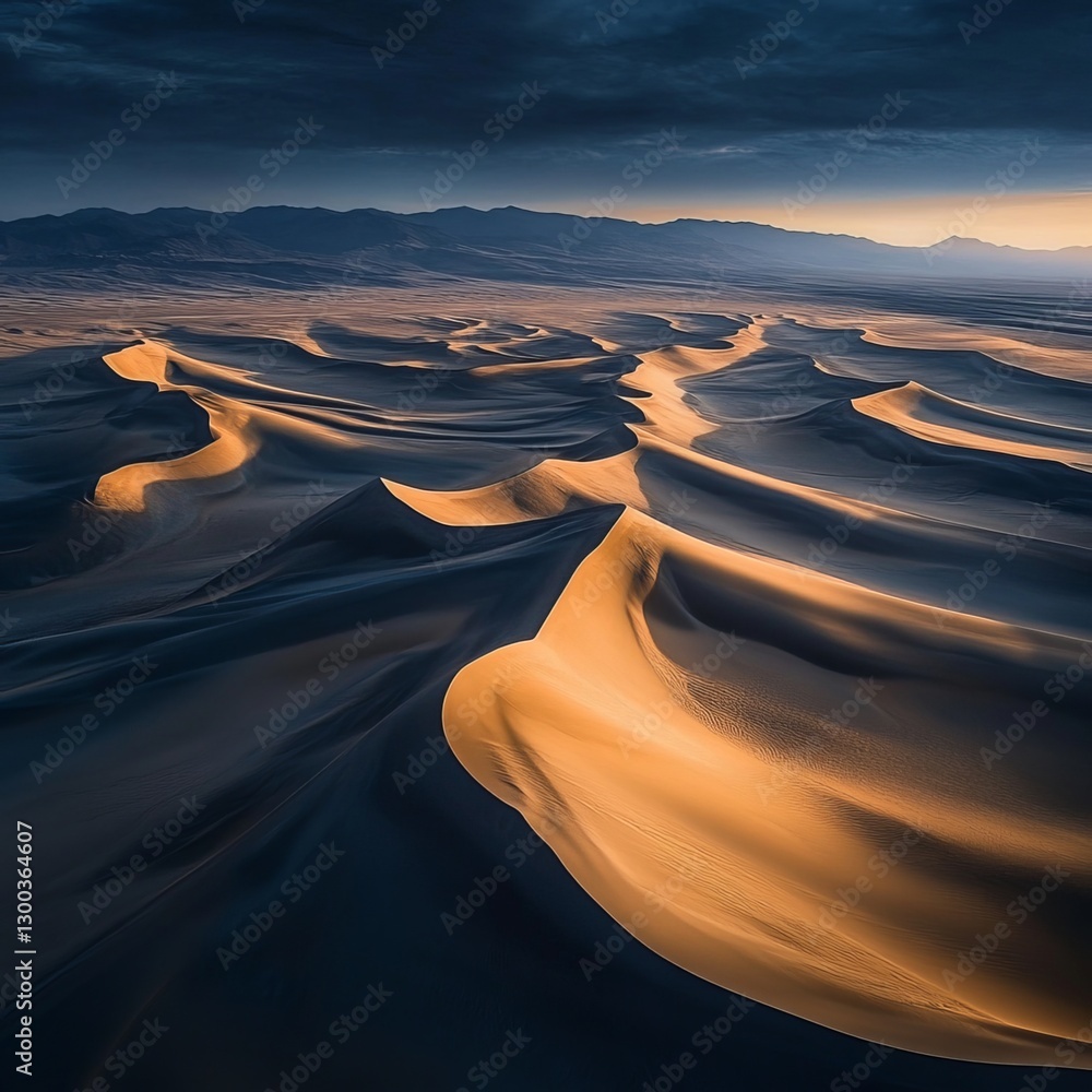 Golden Hour over Shifting Sands: The vast expanse of a desert landscape is painted with the warm hues of golden hour, highlighting the intricate patterns of sand dunes under a dramatic.