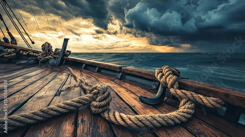 Wooden ship deck ropes stormy sea sunset